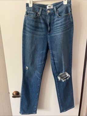 PAIGE Dark Blue Distressed Straight-Leg Jeans